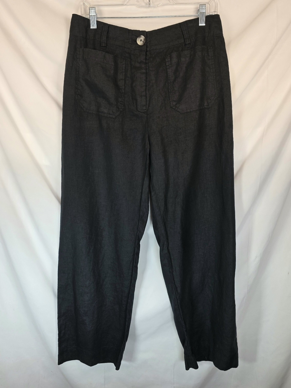 Quince Womens Black 100% Linen Pants Sz 10 Patch Pocket Wide Leg Trouser Relaxed